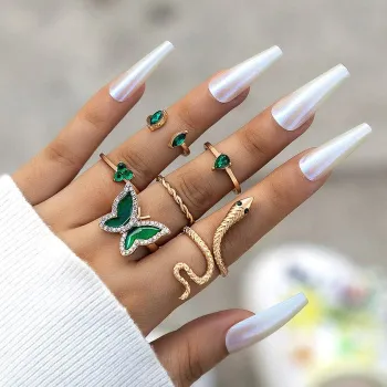 Green Butterfly Crystal Snake Shape Ring Set